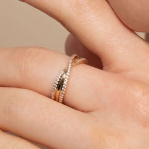 Minimalist gold band ring on hand
