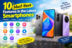 Infographic showing 10 must-have features in the latest smartphones, including processor speed, display quality, battery life, camera system, and AI capabilities.