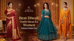 Best Diwali outfit ideas for women featuring traditional saree, lehenga, and modern Indo-Western festive wear