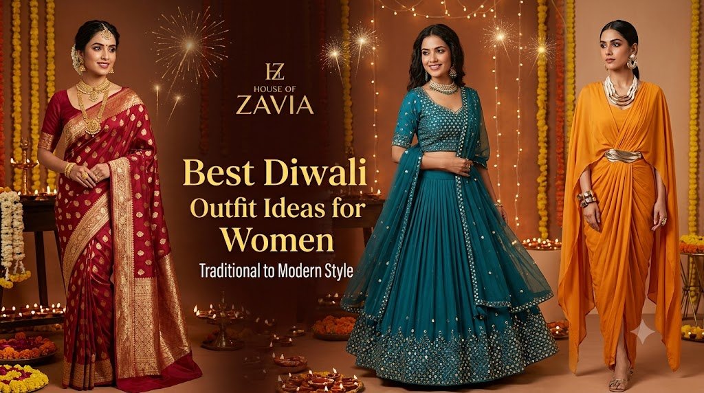 Best Diwali outfit ideas for women featuring traditional saree, lehenga, and modern Indo-Western festive wear