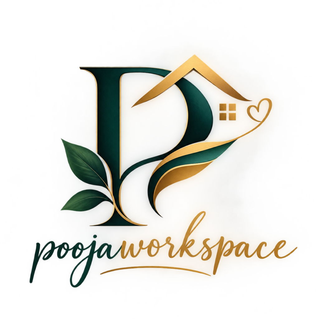 Pooja Workspace logo with an elegant modern house-inspired design in professional teal and gold